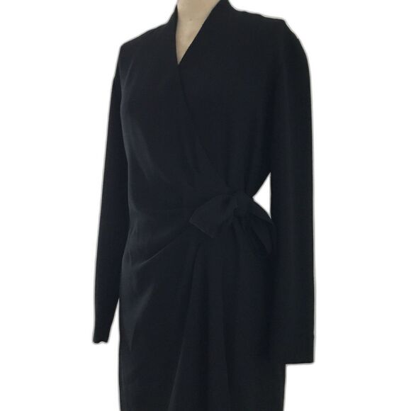 Vintage 90s Liz Claiborne Black Minimalist Chic Wrap Long Sleeve V Neck Dress 6P - Picture 3 of 8